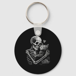 Skeleton hugging cat funny kitten skull lover men key ring