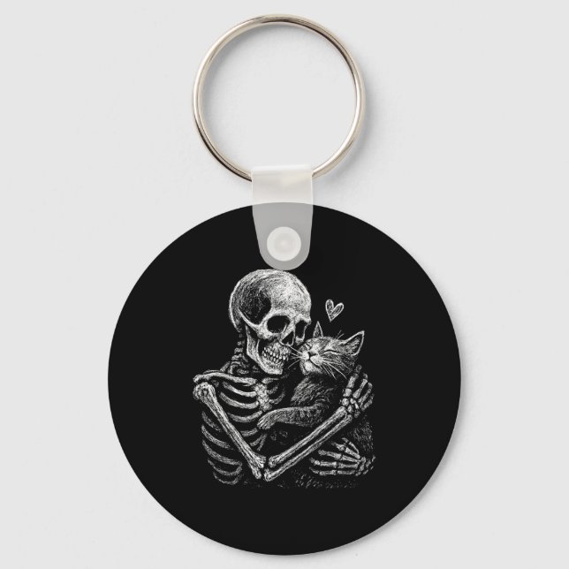 Skeleton hugging cat funny kitten skull lover men key ring (Front)