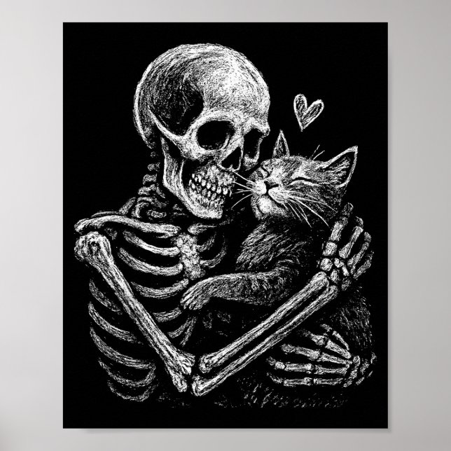 Skeleton hugging cat funny kitten skull lover men poster (Front)