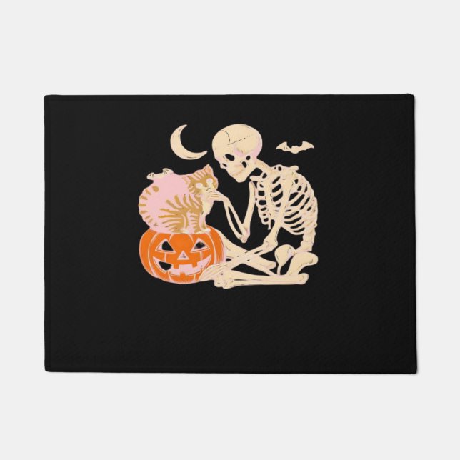 Skeleton Hugging Cat Halloween Cat Lover Cat Class Doormat (Front)