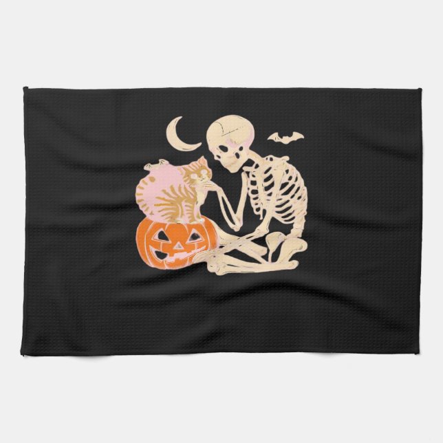 Skeleton Hugging Cat Halloween Cat Lover Cat Class Tea Towel (Horizontal)