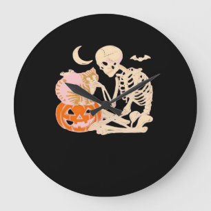 Skeleton Hugging Cat Halloween Cat Lover Cat Mom D Large Clock