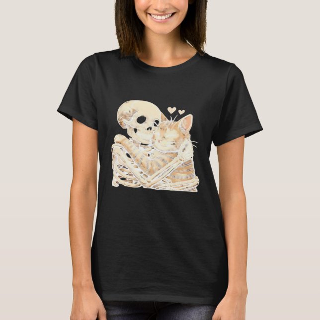 Skeleton Hugging Cat Halloween Cat Lover Cat Mom D T-Shirt (Front)