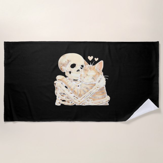 Skeleton Hugging Cat Halloween Cat Lover Cat Mum D Beach Towel (Front)