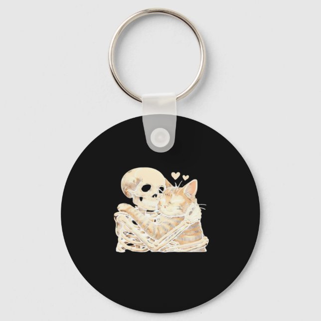Skeleton Hugging Cat Halloween Cat Lover Cat Mum D Key Ring (Front)