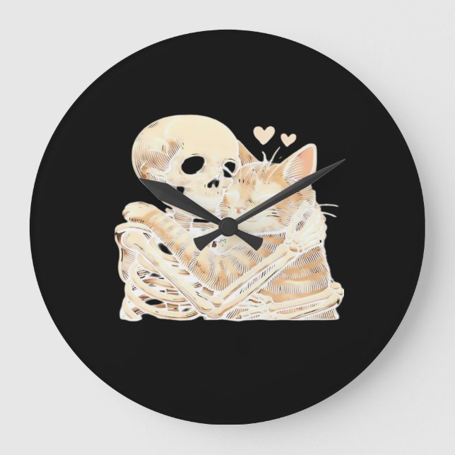 Skeleton Hugging Cat Halloween Cat Lover Cat Mum D Large Clock (Front)