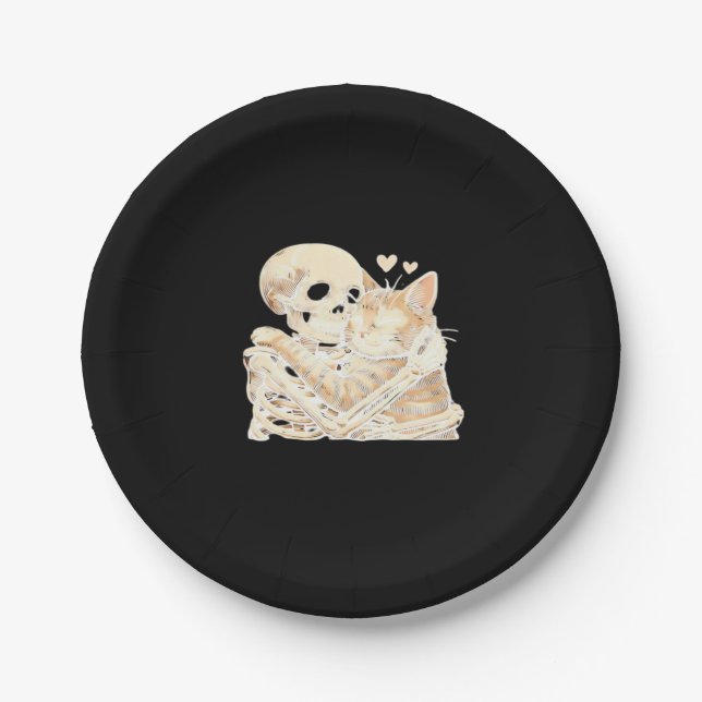 Skeleton Hugging Cat Halloween Cat Lover Cat Mum D Paper Plate (Front)