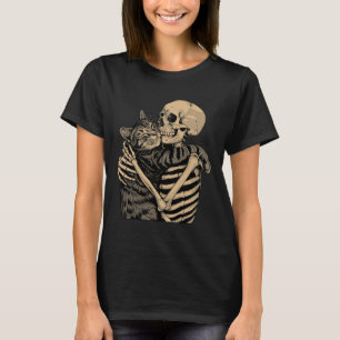 Skeleton Hugging Cat Halloween Cat Lover Cat Mum D T-Shirt