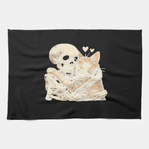 Skeleton Hugging Cat Halloween Cat Lover Cat Mum D Tea Towel