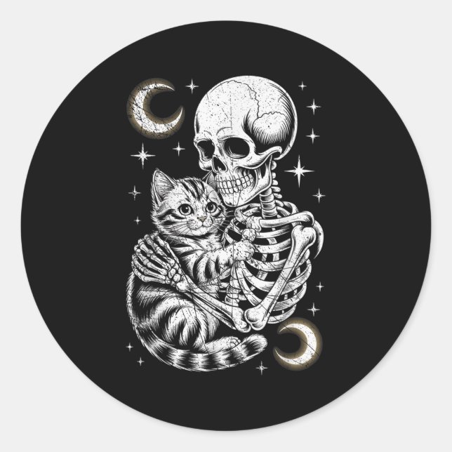 Skeleton Hugging Cat Halloween Kitty Lover Kitties Classic Round Sticker (Front)