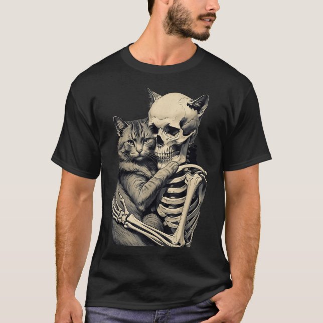 Skeleton Hugging Cat Lover Halloween Apparel  T-Shirt (Front)