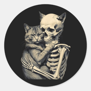 Skeleton Hugging Cat Lover Halloween Funny Apparel Classic Round Sticker