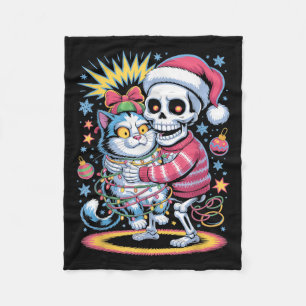 Skeleton Hugging Cat Retro Funny Christmas Men Wom Fleece Blanket