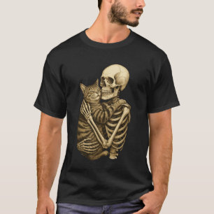 Skeleton Hugging Cat Sepia Art Gothic Pet Love T-Shirt