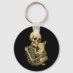 Skeleton Hugging Dog Chihuahua Funny Halloween Key Ring
