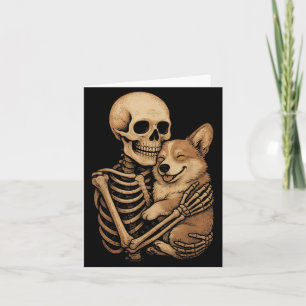 Skeleton Hugging Dog Corgi Funny Halloween Card