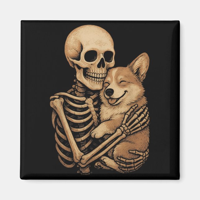 Skeleton Hugging Dog Corgi Funny Halloween Magnet (Front)