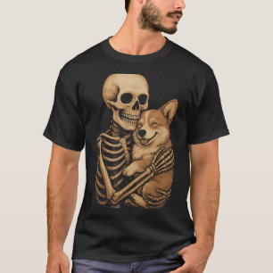 Skeleton Hugging Dog Corgi Funny Halloween T-Shirt