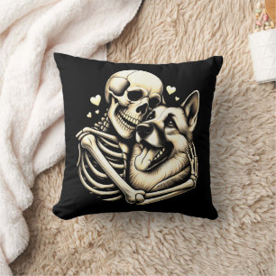 Skeleton Hugging Dog Halloween German Shepherd  Cushion