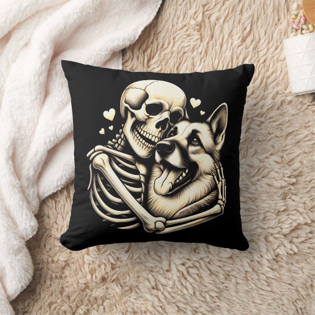 Skeleton Hugging Dog Halloween German Shepherd  Cushion (Blanket)