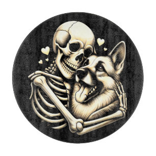 Skeleton Hugging Dog Halloween German Shepherd Cutting Board
