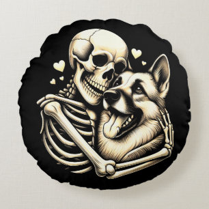 Skeleton Hugging Dog Halloween German Shepherd  Round Cushion