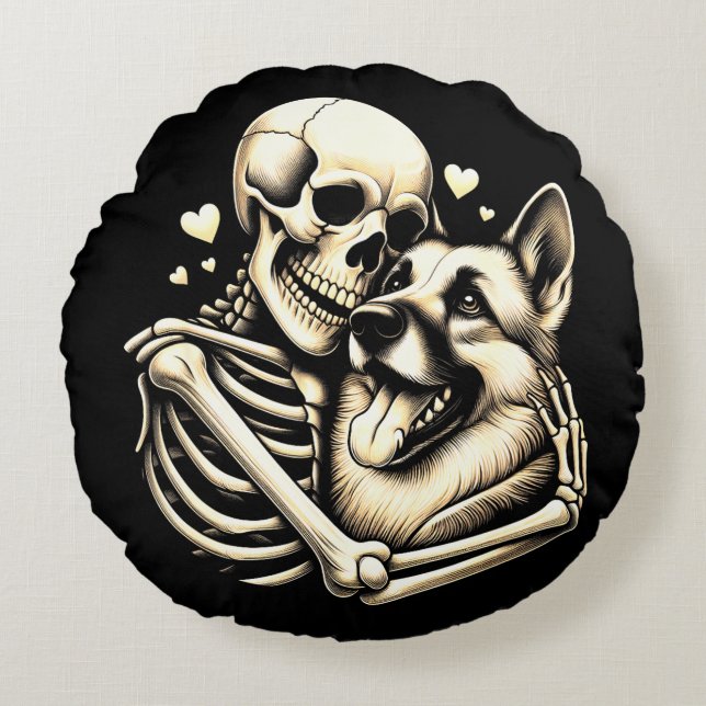 Skeleton Hugging Dog Halloween German Shepherd  Round Cushion (Front)