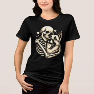 Skeleton Hugging Dog Halloween German Shepherd  Tri-Blend Shirt
