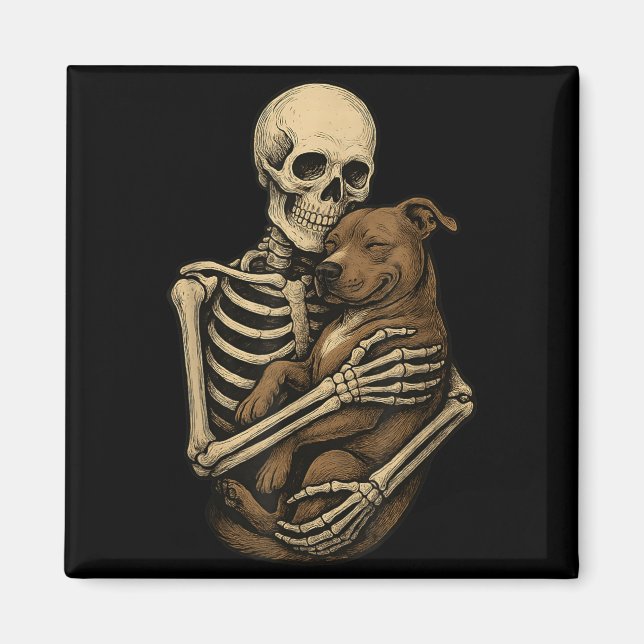 Skeleton Hugging Pittie Dog Pit Bull Funny Magnet (Front)