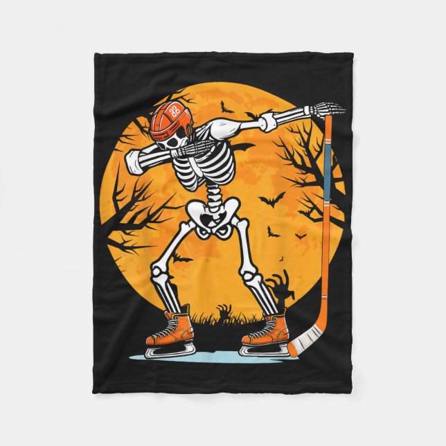 Skeleton Ice Hockey Halloween Boys Dabbing Hallowe Fleece Blanket (Front)