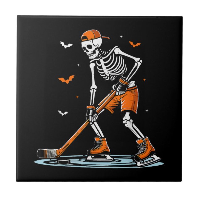 Skeleton Ice Hockey Halloween Boys Funny Halloween Ceramic Tile (Front)