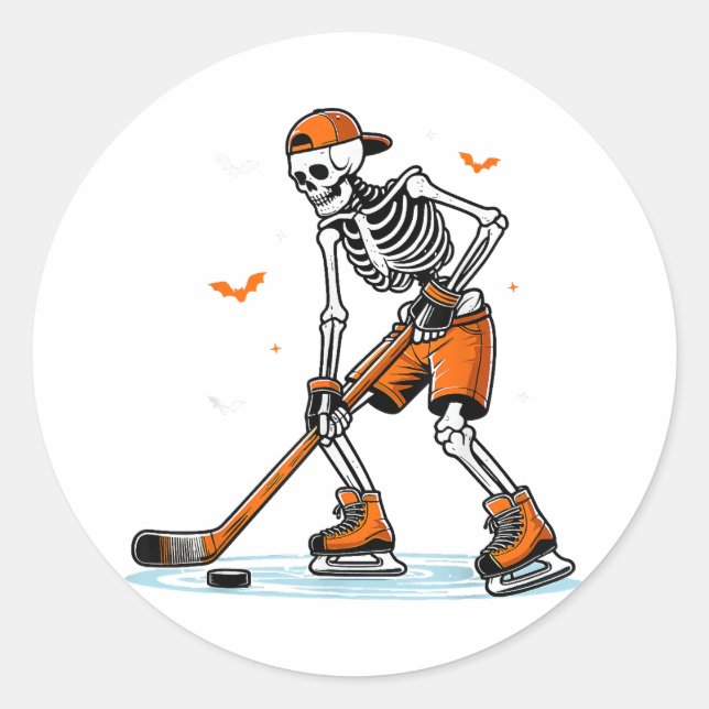 Skeleton Ice Hockey Halloween Boys Funny Halloween Classic Round Sticker (Front)