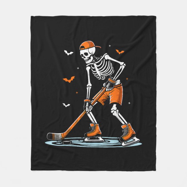 Skeleton Ice Hockey Halloween Boys Funny Halloween Fleece Blanket (Front)