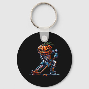 Skeleton Ice Hockey Halloween Pumpkin Hockey Mens Key Ring