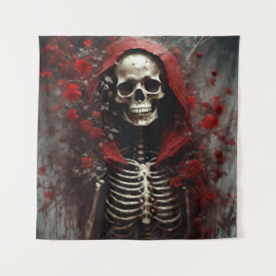 Skeleton in a Red Cape with Flowers Tapestry