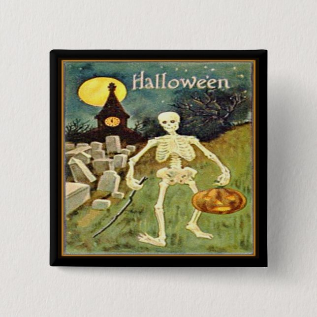 Skeleton in Graveyard Vintage Halloween Button (Front)