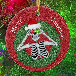 Skeleton in Pine Christmas Wreath Red Hat Funny Ceramic Ornament