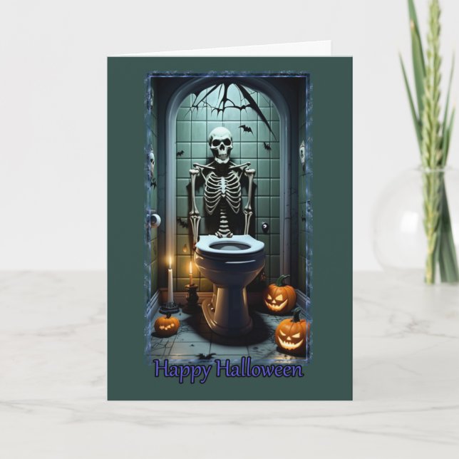 Skeleton in the Bathroom Humour Halloween Card (Front)