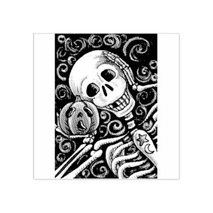 SKELETON & JACK O LANTERN, HALLOWEEN RUBBER STAMP