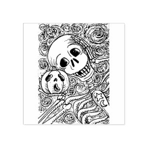 SKELETON & JACK O LANTERN, HALLOWEEN RUBBER STAMP