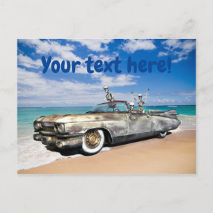 Skeleton Joyride Old Car On Beach Funny Postcard