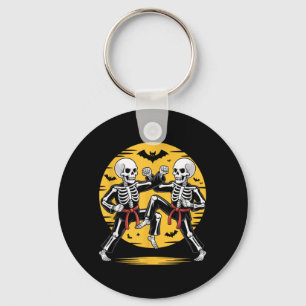 Skeleton Karate Battle Under Moon Halloween Party Key Ring