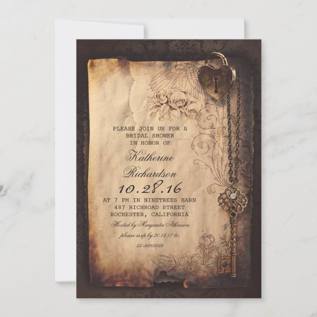 skeleton key heart lock bridal shower invites (Front)