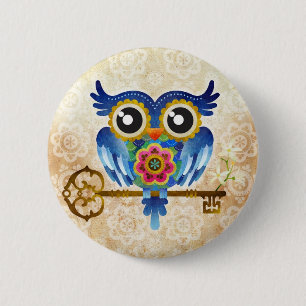 Skeleton Key Owl 6 Cm Round Badge