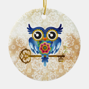 Skeleton Key Owl Ceramic Ornament