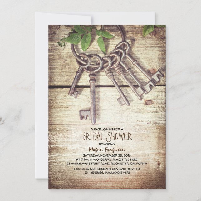Skeleton Keys Rustic Bridal Shower Invitations (Front)