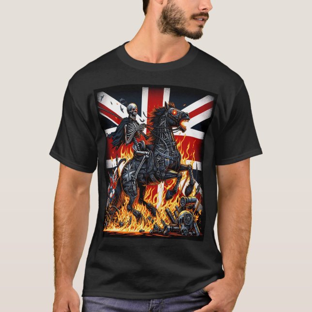 Skeleton Knight Burning British Flag T-Shirt (Front)