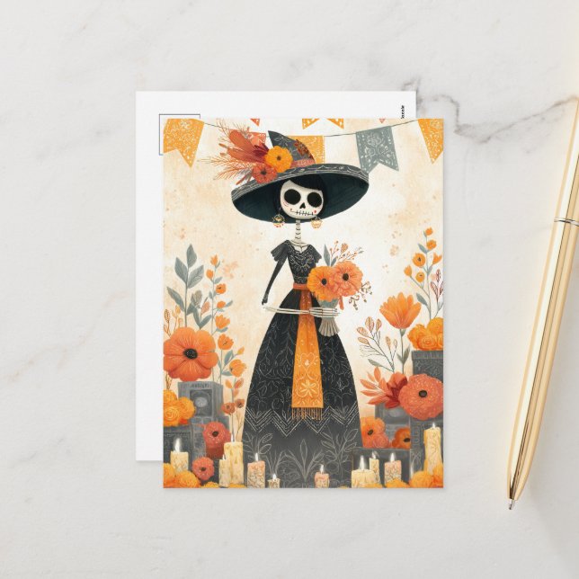 Skeleton Lady La Catrina Day of the Dead  Holiday Postcard (Front/Back In Situ)