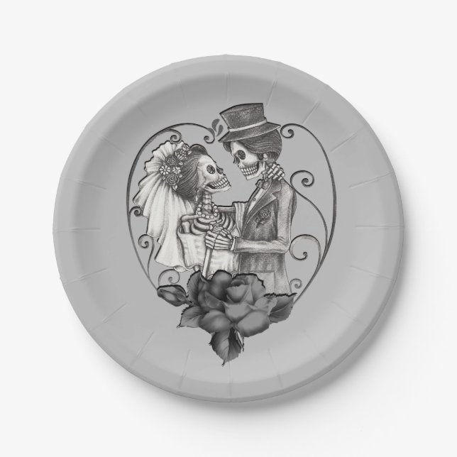 Skeleton Love Couple Marriage Dance Wedding Paper Plate (Front)
