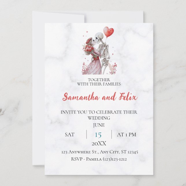 Skeleton Lovers Marble Wedding Invitation (Front)